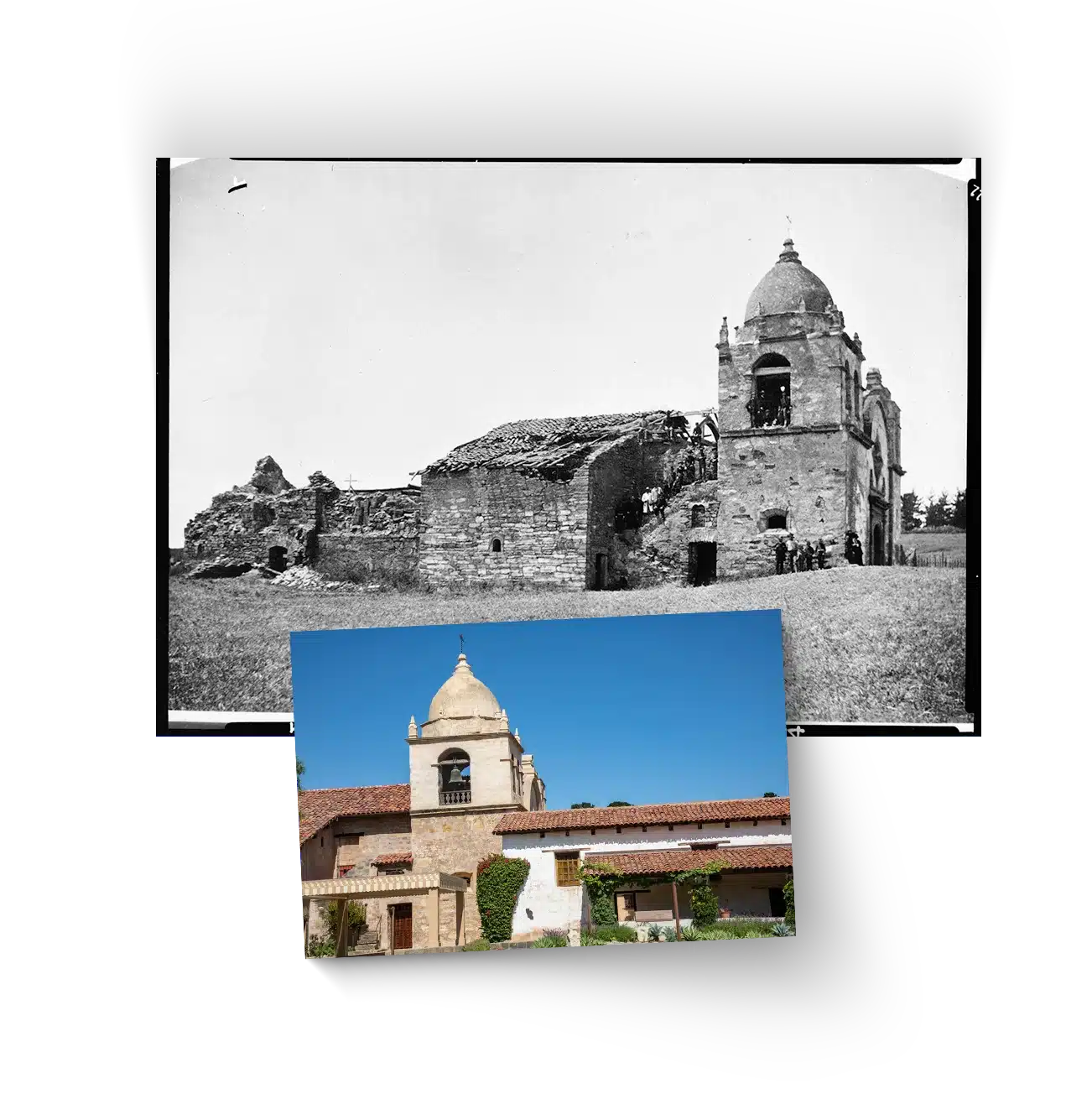 Historical photo of Carmel Mission in ruins next to photo of Carmel Mission today.
